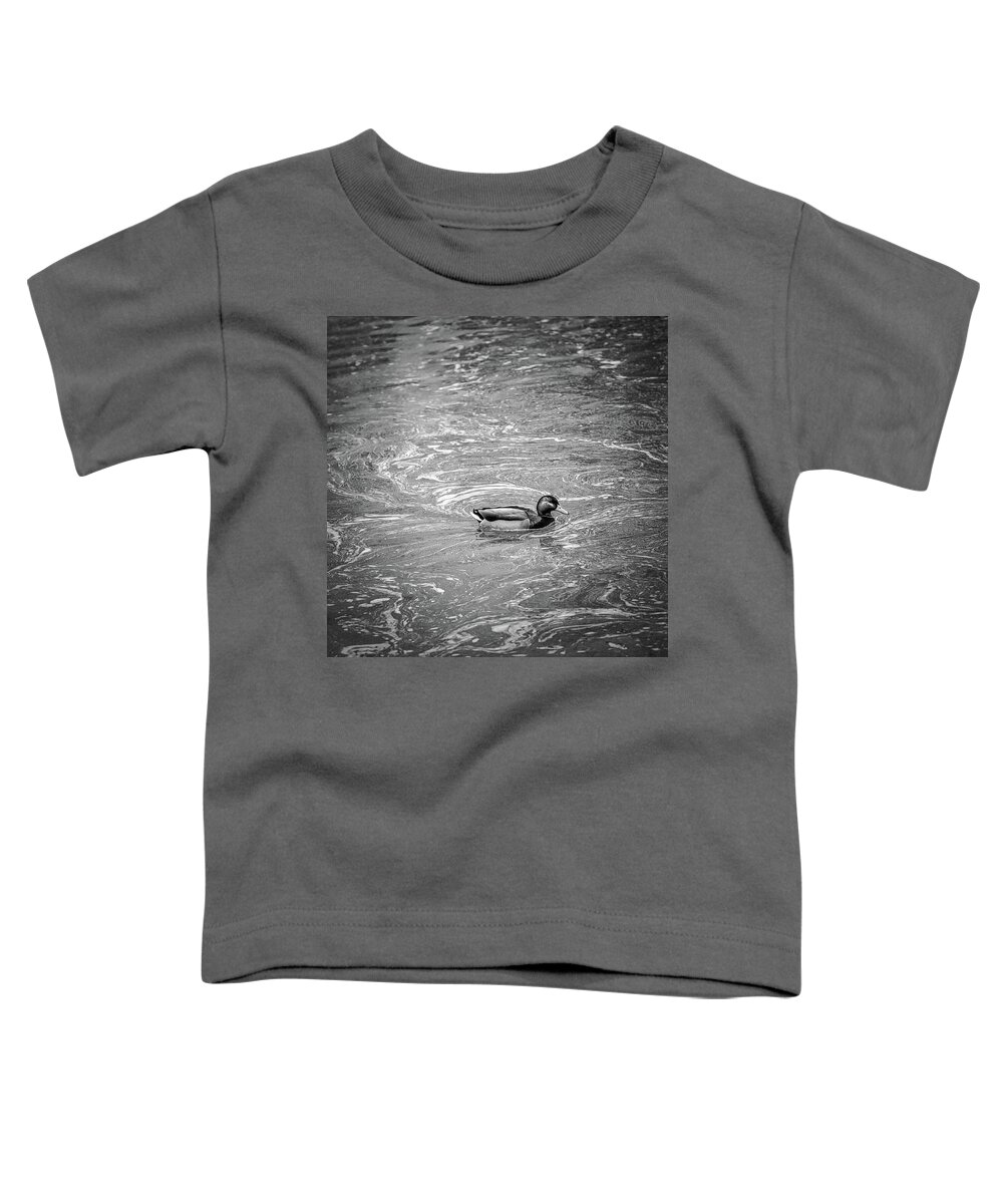 Duck In Creek Bw Toddler T-Shirt featuring the photograph duck in creek BW by Leif Sohlman