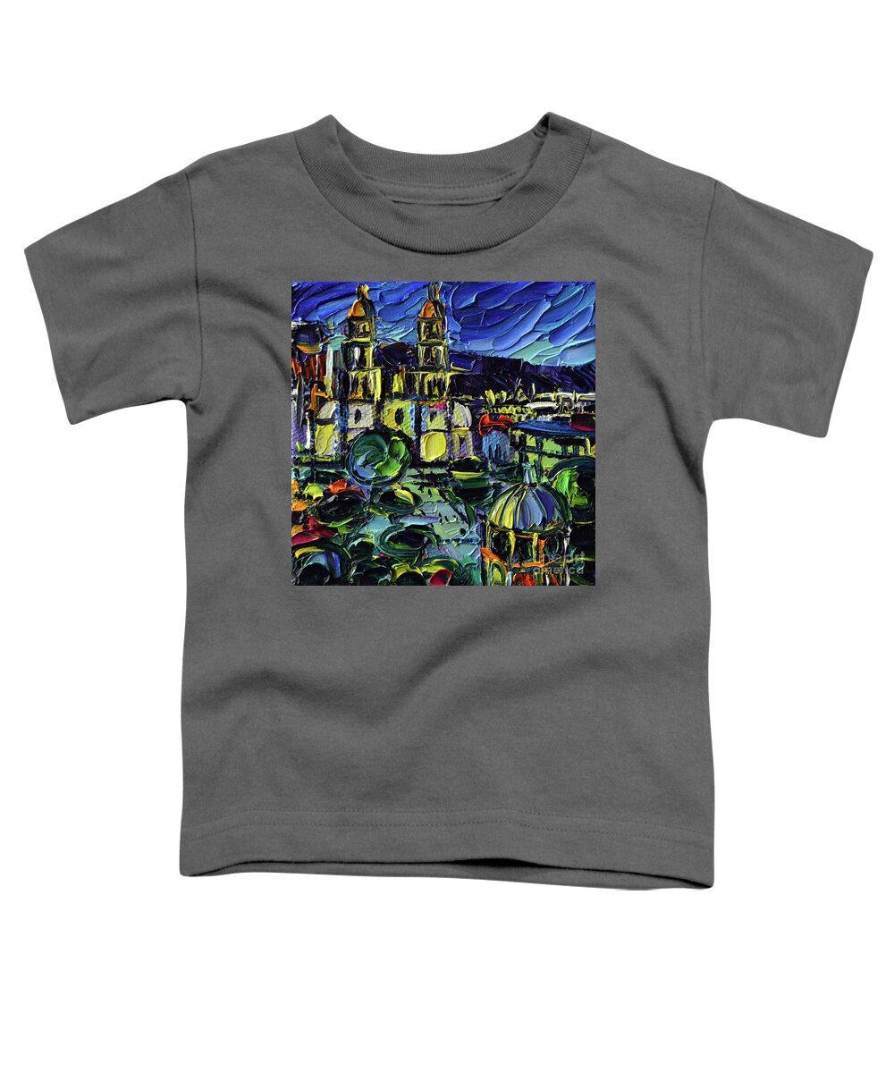 Durango Mexico Toddler T-Shirt featuring the painting DURANGO MEXICO miniature oil painting abstract cityscape on 3D canvas by Mona Edulesco