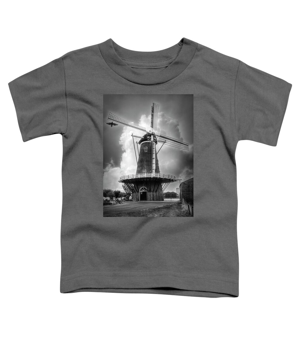 Barns Toddler T-Shirt featuring the photograph Dutch Windmill in the Countryside Black and White by Debra and Dave Vanderlaan