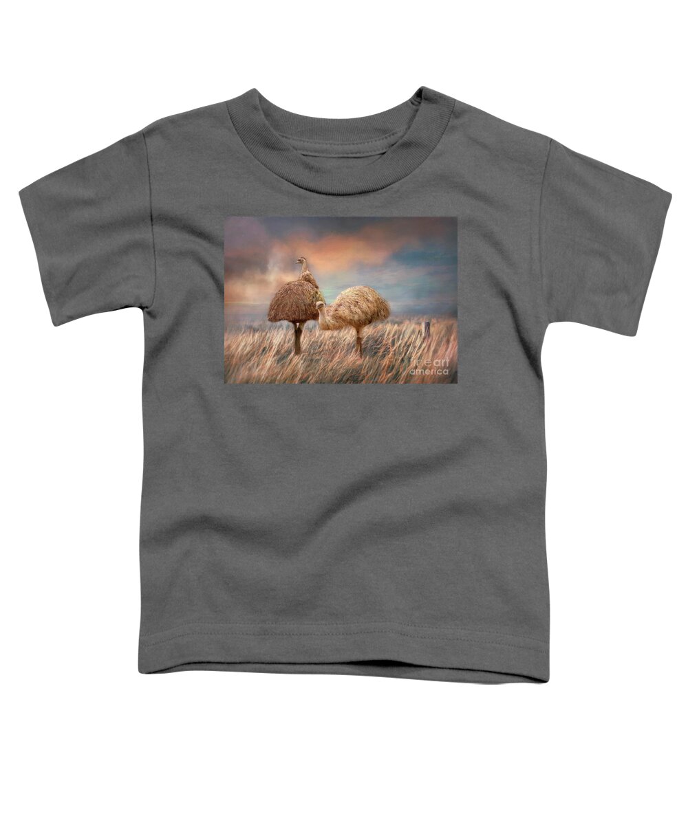 Emu Toddler T-Shirt featuring the mixed media Emus at Sunset by Kathy Kelly