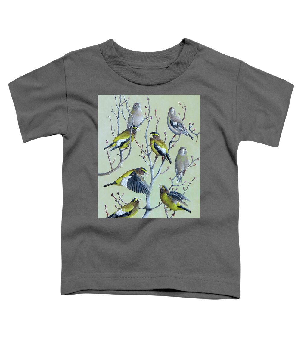 Evening Grosbeak Toddler T-Shirt featuring the painting Evening Grosbeaks by Barry Kent MacKay