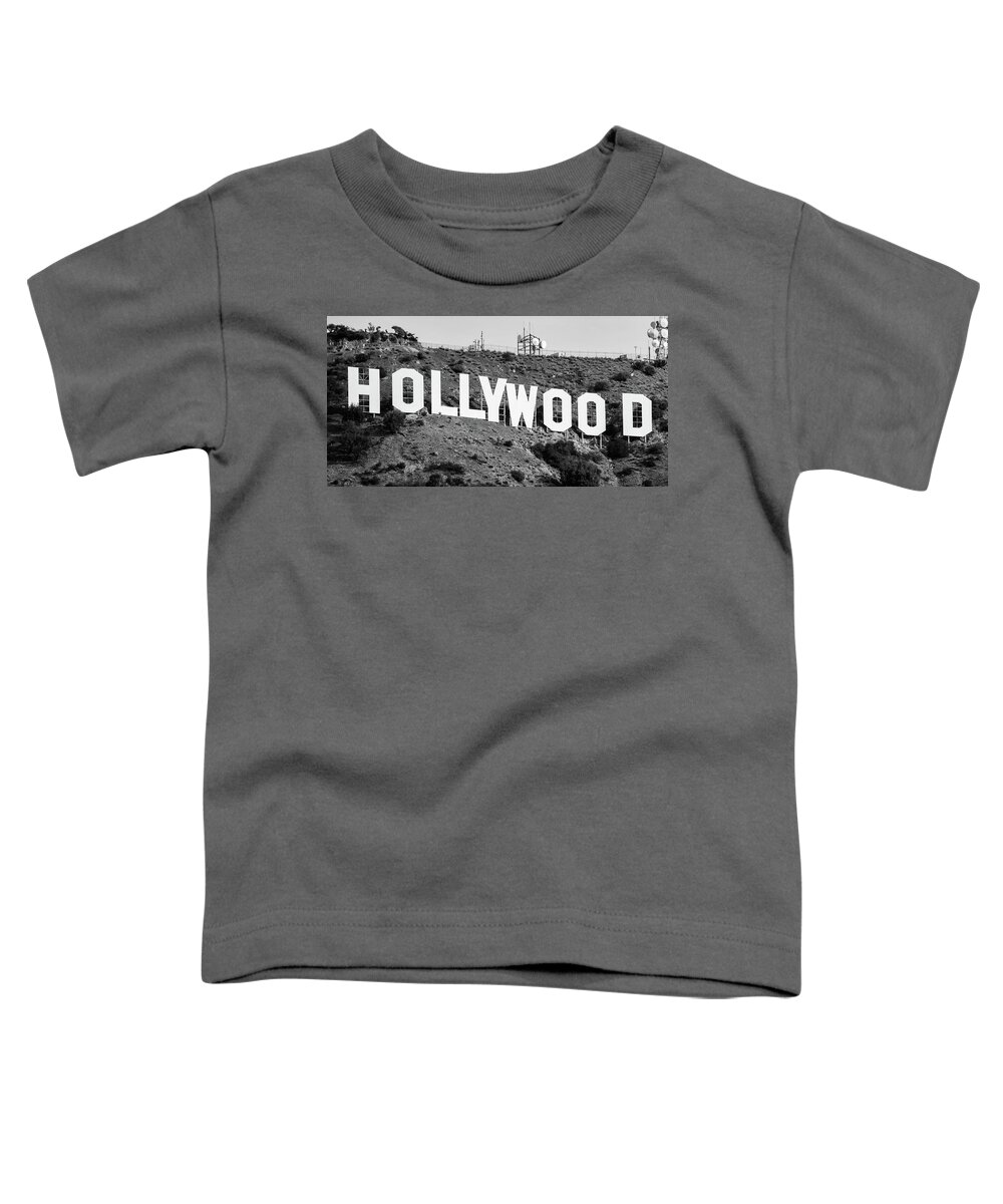 Hollywood Sign Toddler T-Shirt featuring the photograph Famous Hollywood Sign in Hollywood Hills California - Black and White Panorama by Gregory Ballos
