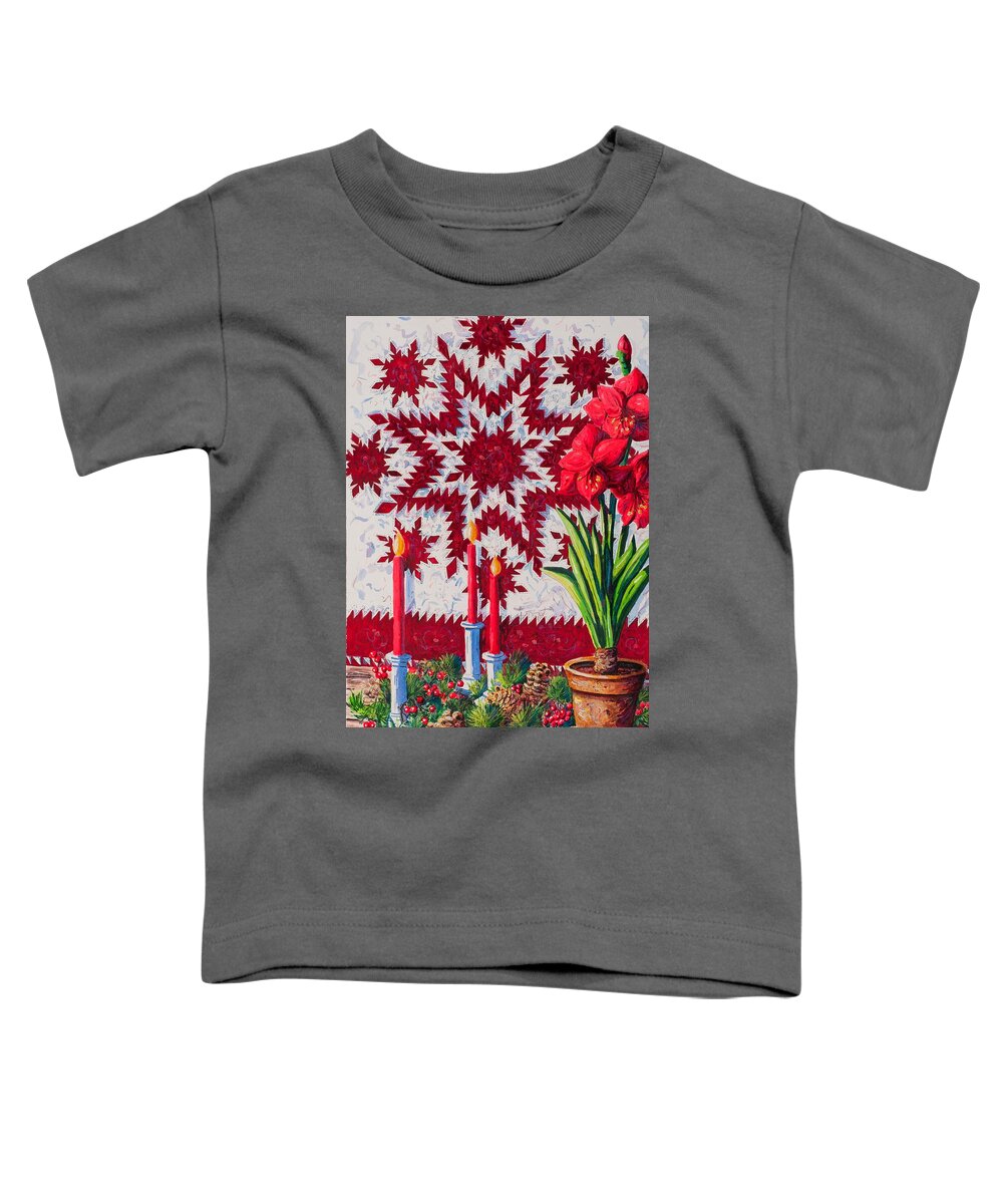 Feathered Star Quilt And Amaryllis Flower Toddler T-Shirt featuring the painting Feathered Star Quilt by Diane Phalen
