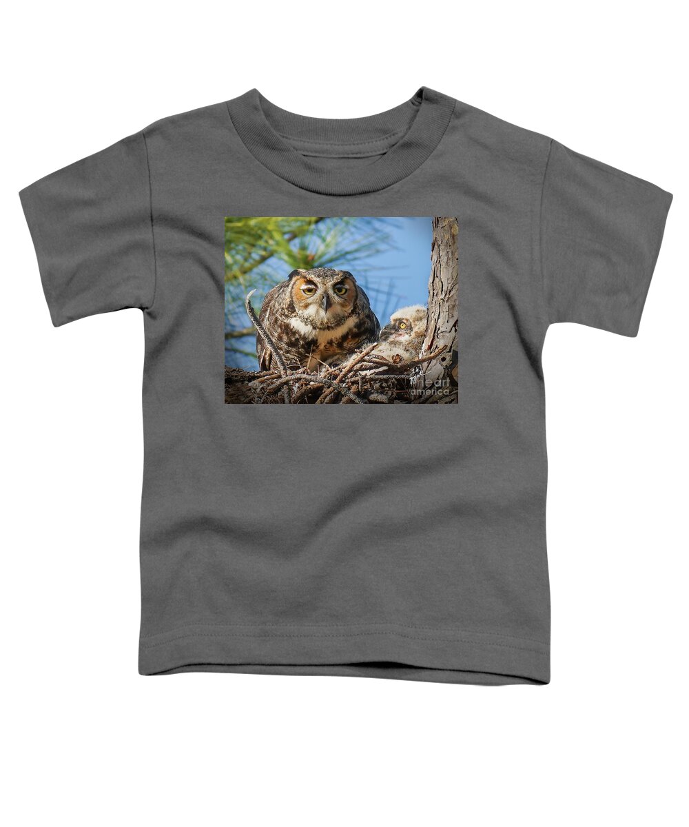 Great Horned Owl Toddler T-Shirt featuring the photograph Female Owl Staring With Owlet by TK Goforth