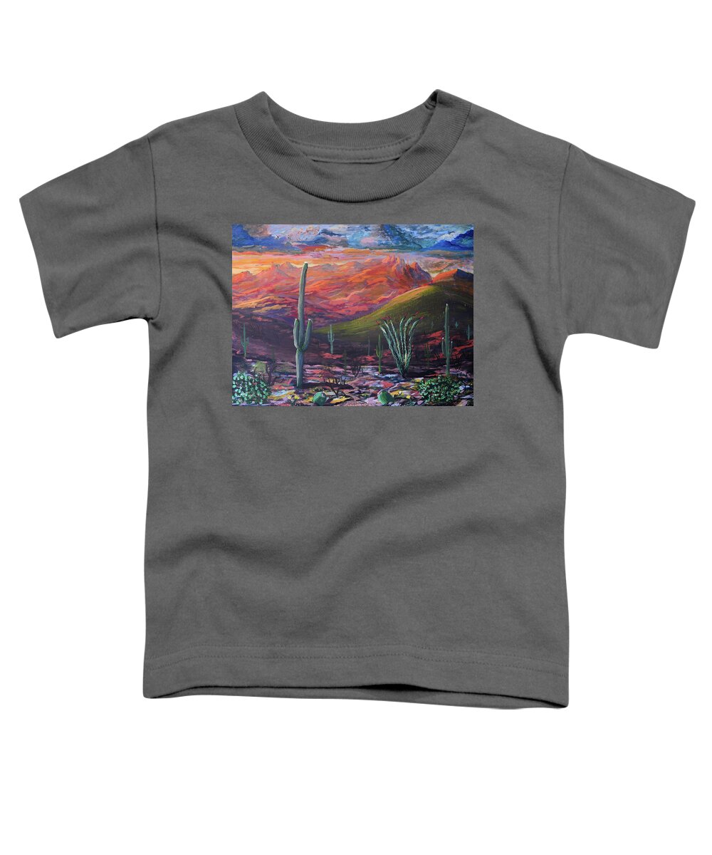 Southwest Toddler T-Shirt featuring the painting Finger Rock Sunset, Catalina Mountains, Tucson Arizona by Chance Kafka