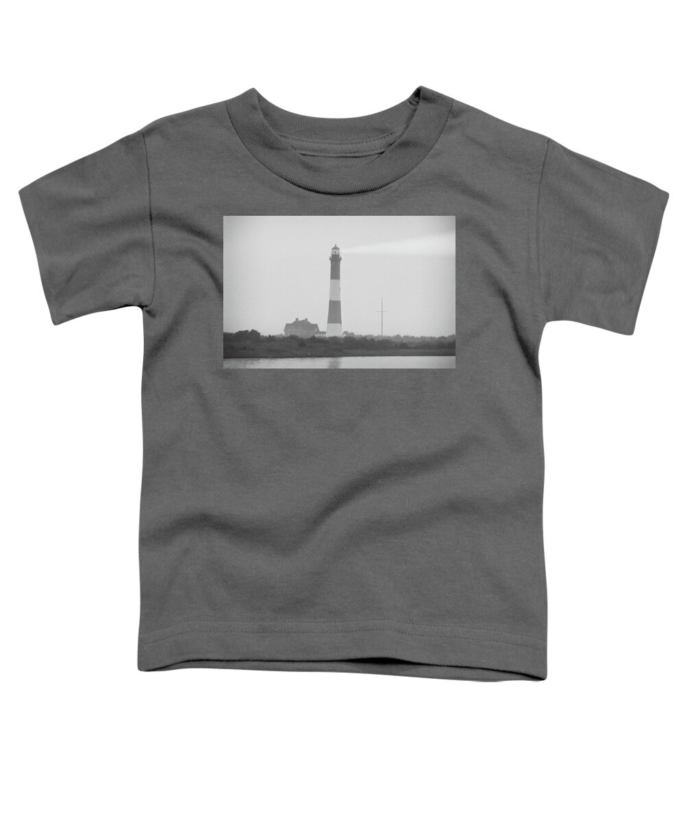 Long Island Toddler T-Shirt featuring the photograph Fire Island Lighthouse in Fog BW by Laura Fasulo