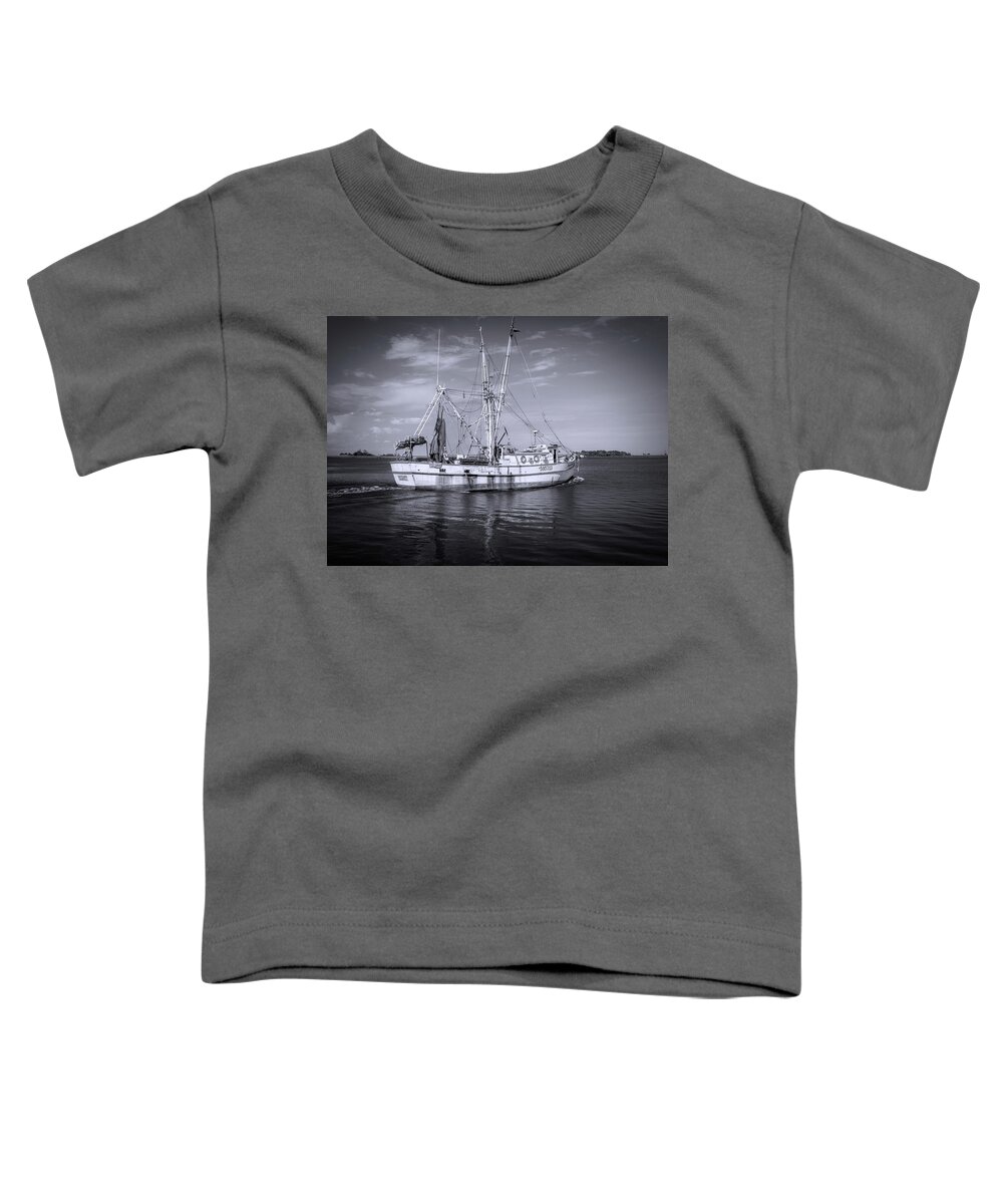Fishing Boat Apalachicola Black And White Toddler T-Shirt featuring the photograph Fishing Boat Apalachicola Black And White by Dan Sproul