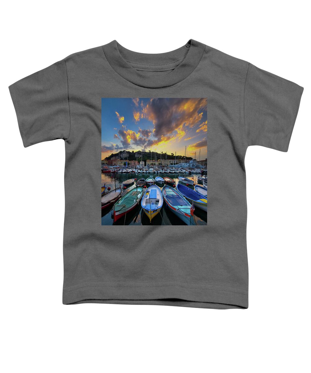 Boats Toddler T-Shirt featuring the photograph Fishing Boats at Sunset by Andrea Whitaker