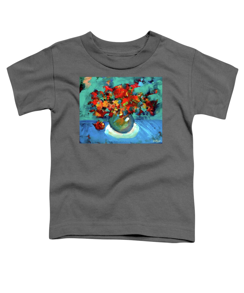 Still Life Toddler T-Shirt featuring the painting Floral On Blue by Jim Stallings