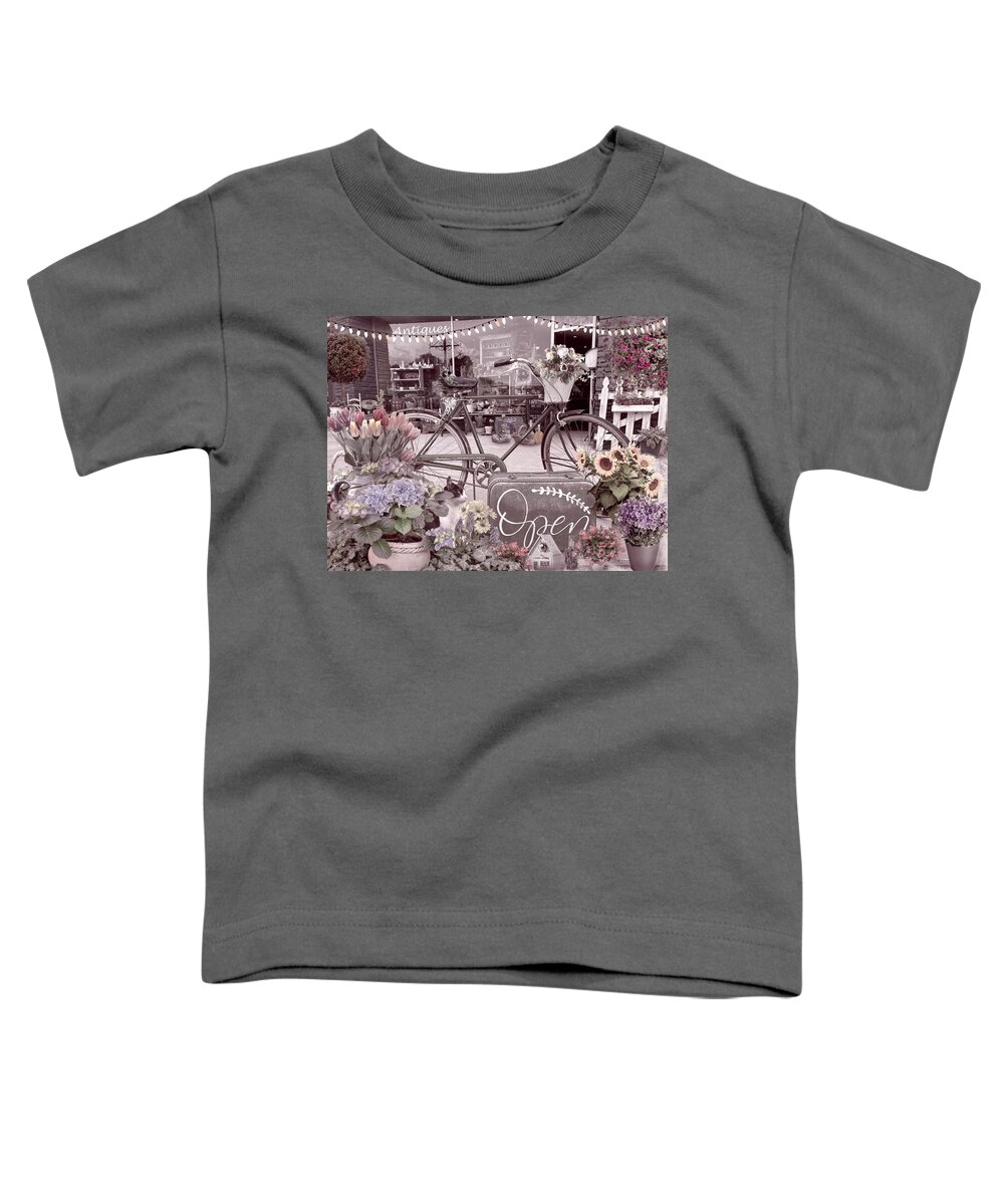 Fence Toddler T-Shirt featuring the photograph Flowers and Bike on the Sidewalk Antique Tones by Debra and Dave Vanderlaan