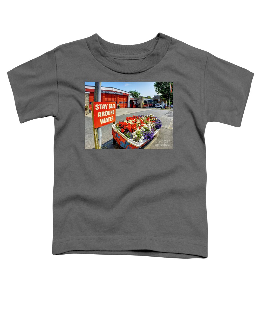 Digital Art Toddler T-Shirt featuring the photograph Flowers in a boat, Heywood Fire Station, Manchester, UK by Pics By Tony