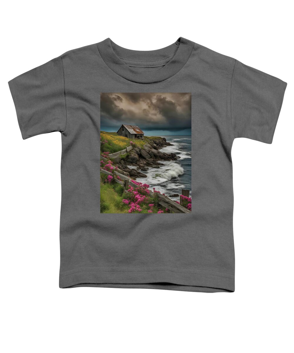 Nature Toddler T-Shirt featuring the digital art Forgotten Beauty - Coastal Barn Amidst the Wildflowers by Russ Harris