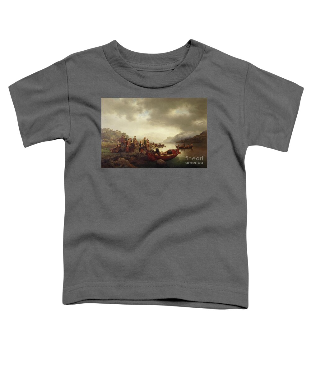 Hans Gude Toddler T-Shirt featuring the painting Funeral on Sognefjord, 1853 by O Vaering by Hans Gude and Adolph Tidemand