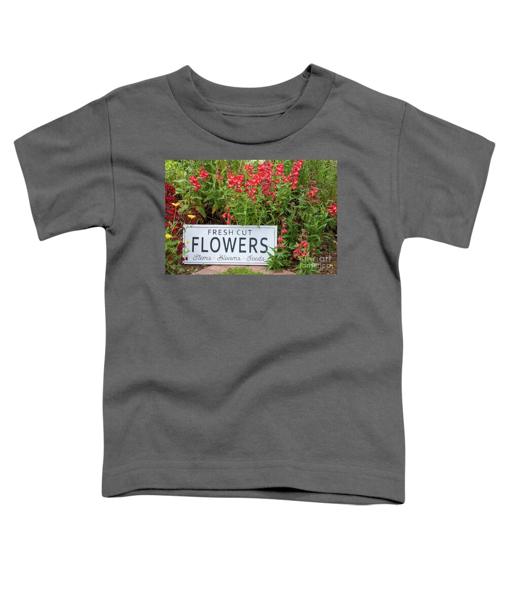 Flowers Toddler T-Shirt featuring the photograph Garden flowers with fresh cut flower sign 0758 by Simon Bratt