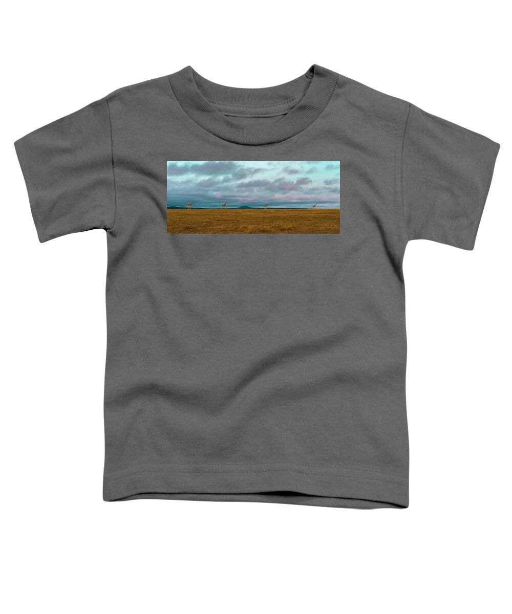 Africa Toddler T-Shirt featuring the photograph Giraffe Parade at Sunset by Laura Hedien