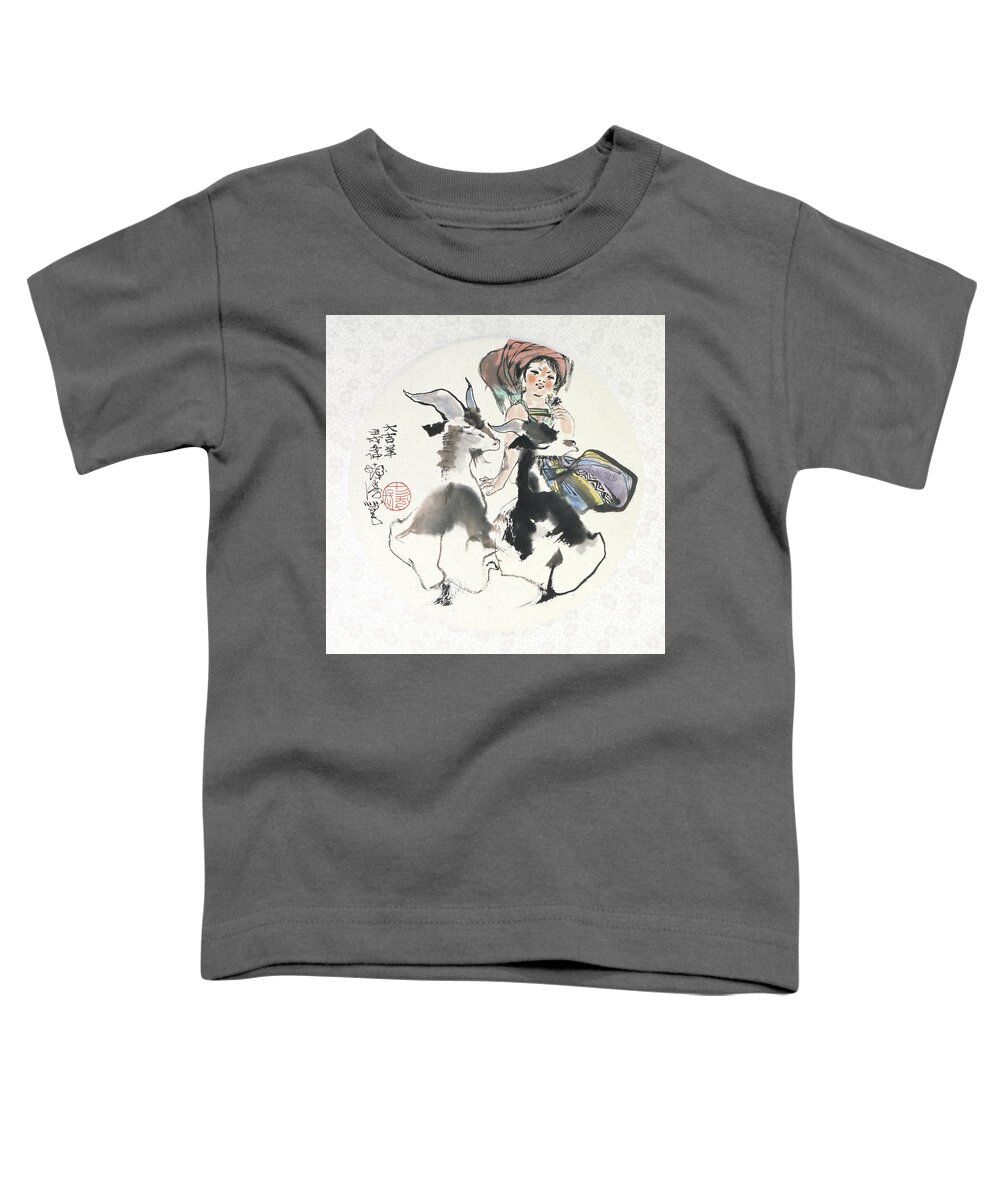 Cheng Shifa Toddler T-Shirt featuring the painting Girl With Goats by Cheng Shifa