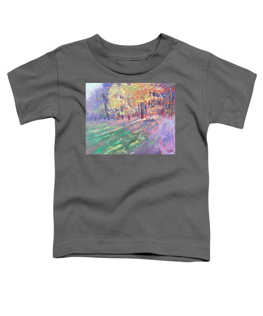 Glow; Autumn; Trees; Sun; Sunshine; Shadows; Fall; Abstract; Leaves; Foliage; Grass; Yellow; Orange; Blue; Green; Purple; Violet; Sky; Forest; Pennsylvania Toddler T-Shirt featuring the painting Glow of Autumn by Michael Camp