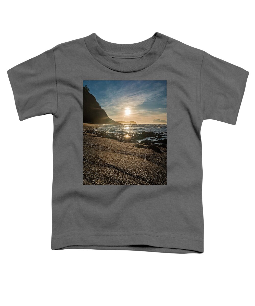 Central America Toddler T-Shirt featuring the photograph Golden sunlight reflection on sand beach at Punta Samara by Henri Leduc