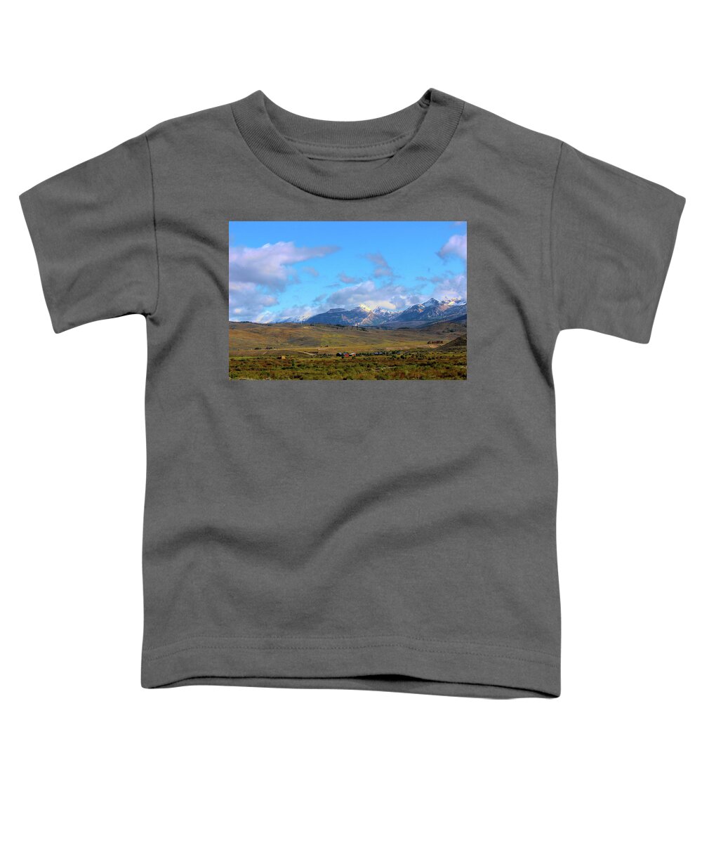 Grand Tetons Toddler T-Shirt featuring the photograph Grand Tetons blue sky 1 by Cathy Anderson
