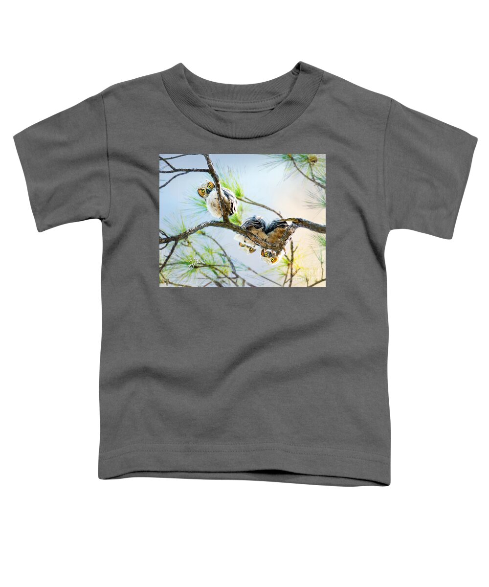 Great Horned Owls Toddler T-Shirt featuring the photograph Great Horned Owlets Hanging Out 2 by TK Goforth