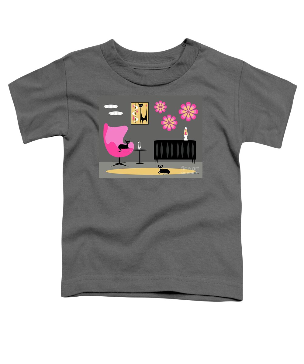 Mid Century Cat Toddler T-Shirt featuring the digital art Groovy Pink Yellow and Gray Room by Donna Mibus