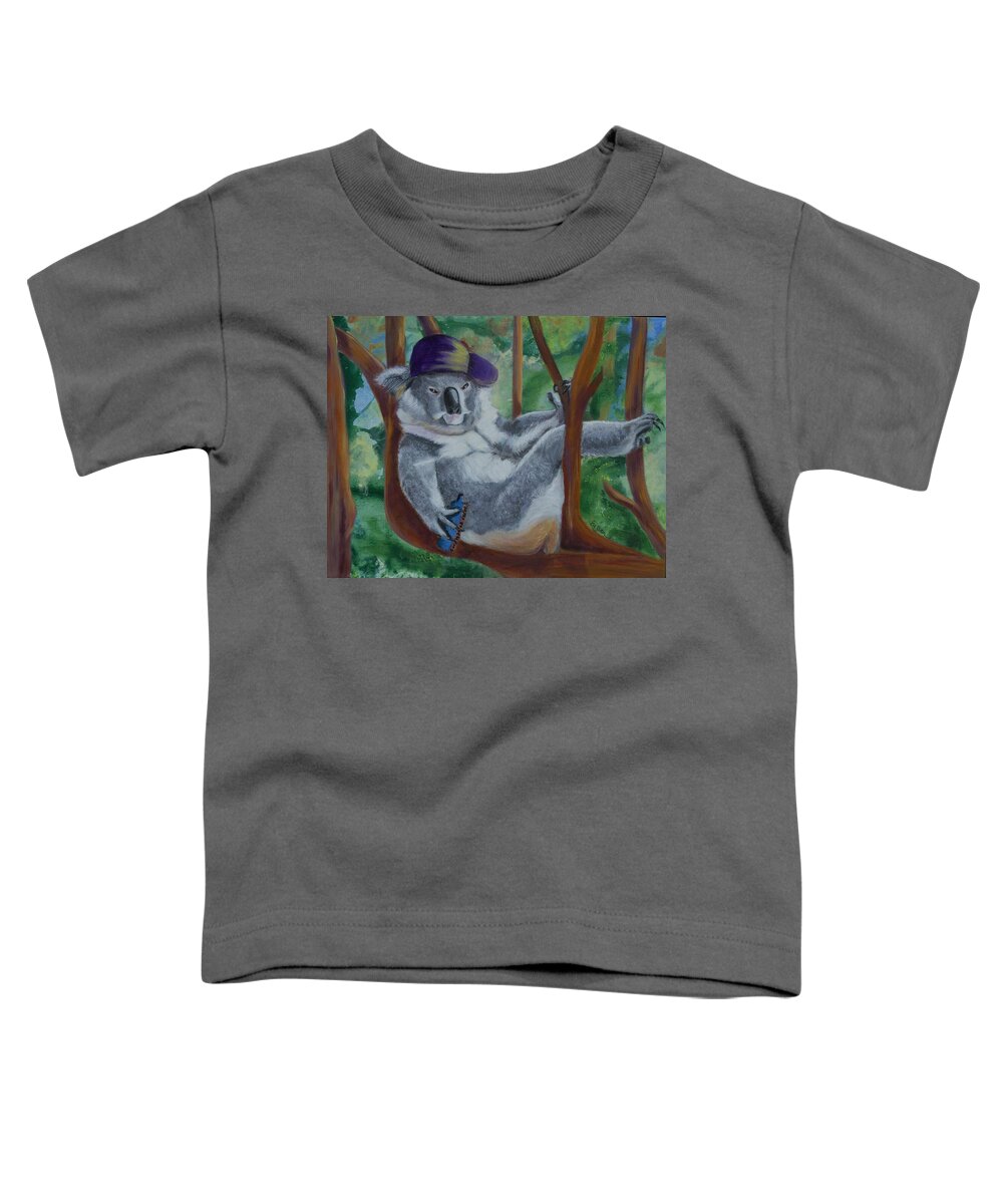 Koala Toddler T-Shirt featuring the painting Happy Hour at the Eucalyptus Bar by Evi Green