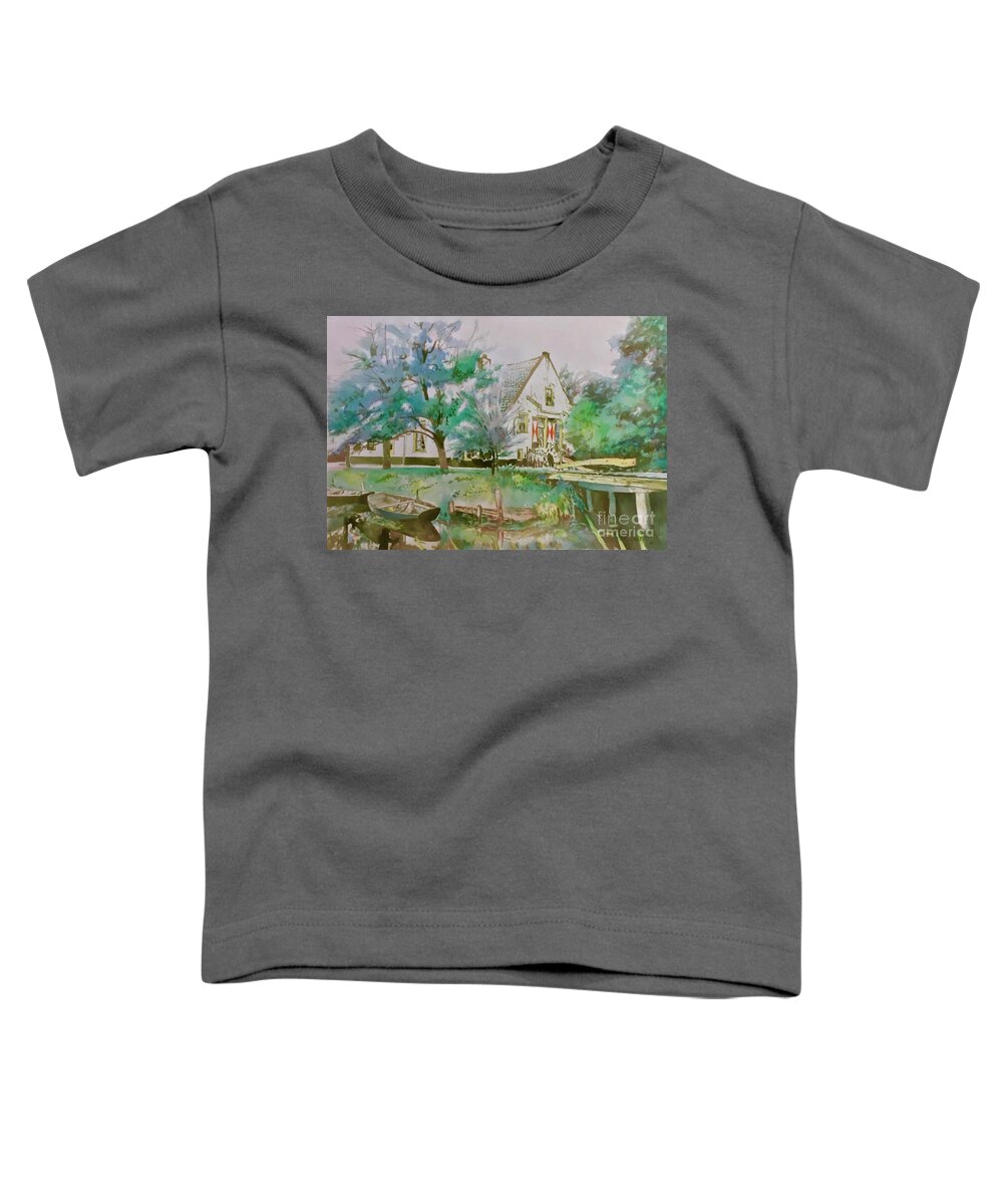 #holland #canal #tranquil #hollandtranquilcanal #watercolor #watercolorpainting #countryhouse #boats #trees #trees #glenneff $thesoundpoetsmusic #picturerockstudio #onlocationpainting Toddler T-Shirt featuring the painting Holland Tranquil Canal by Glen Neff