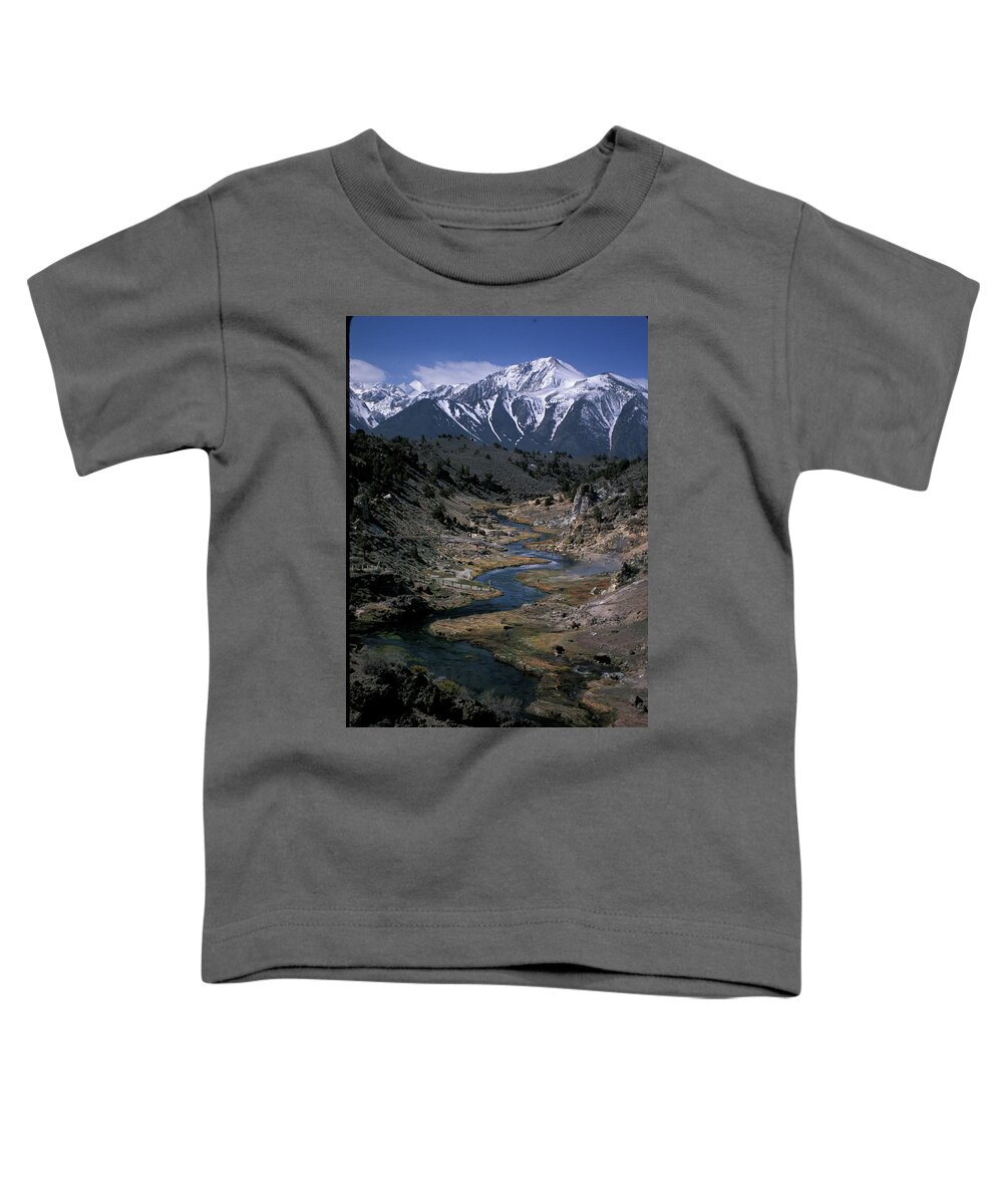 Hot Creek Toddler T-Shirt featuring the photograph Hot Creek and Snow Capped Mt, Morrison by Bonnie Colgan