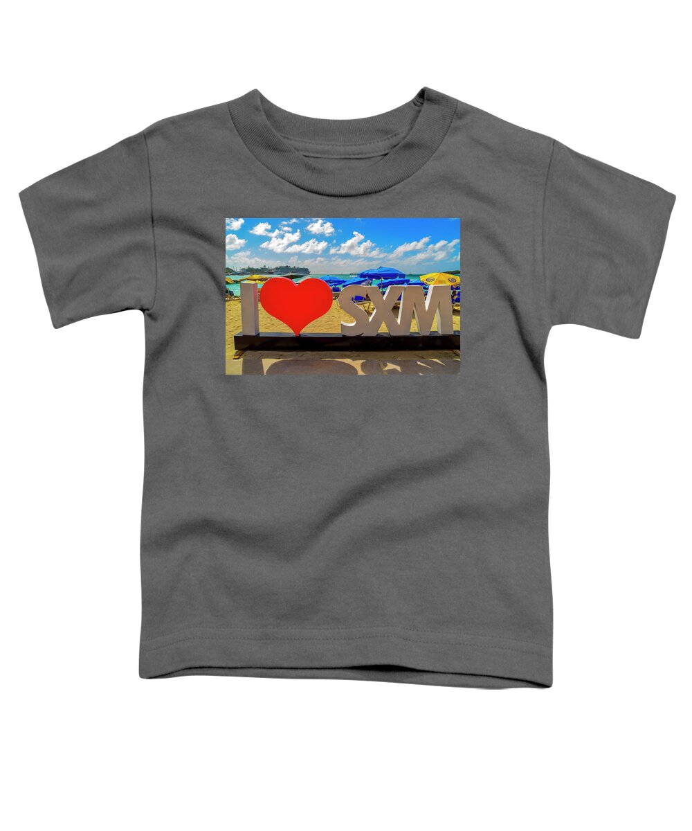 Travel; Water; Skies; Clouds; Cruise Ships Toddler T-Shirt featuring the photograph I love Saint Maarten by AE Jones