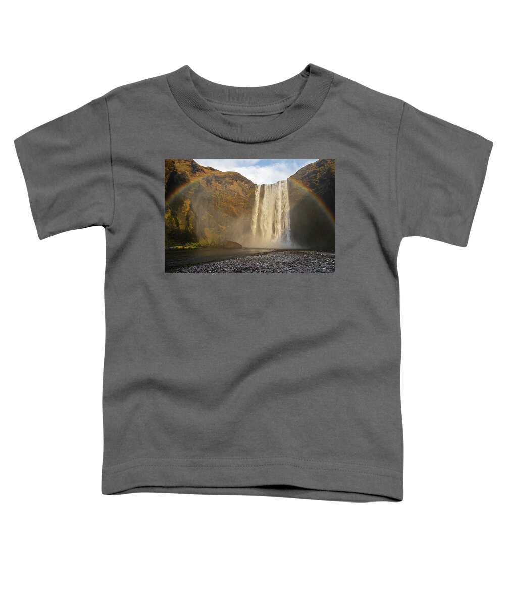 Iceland Toddler T-Shirt featuring the photograph Iceland Skogafoss Full Rainbow Skogar Iceland Close by Toby McGuire