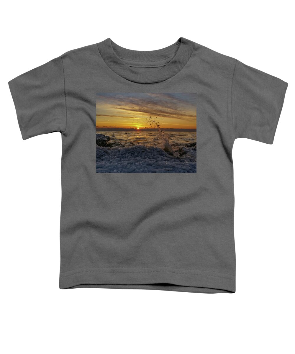 Lake Michigan Sunrise Toddler T-Shirt featuring the photograph Icy Waves by Deb Beausoleil