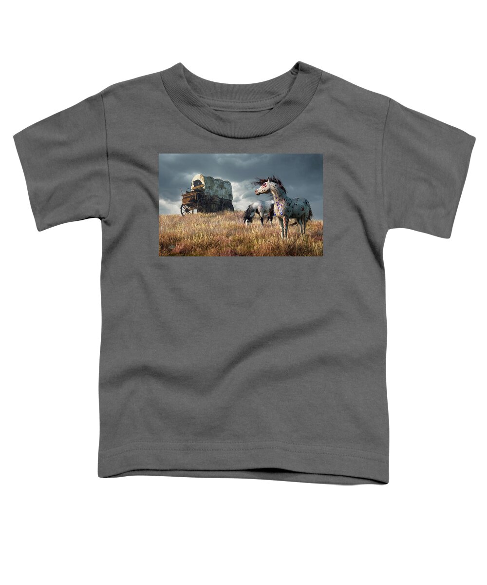 War Horse Toddler T-Shirt featuring the digital art Indian Ponies and Abandoned Wagon by Daniel Eskridge