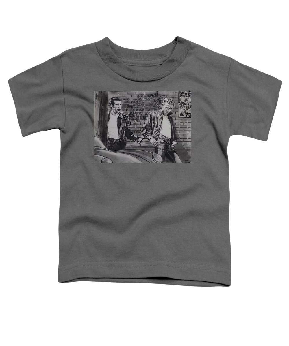 Charcoal Pencil On Paper Toddler T-Shirt featuring the drawing James Dean Meets The Fonz by Sean Connolly