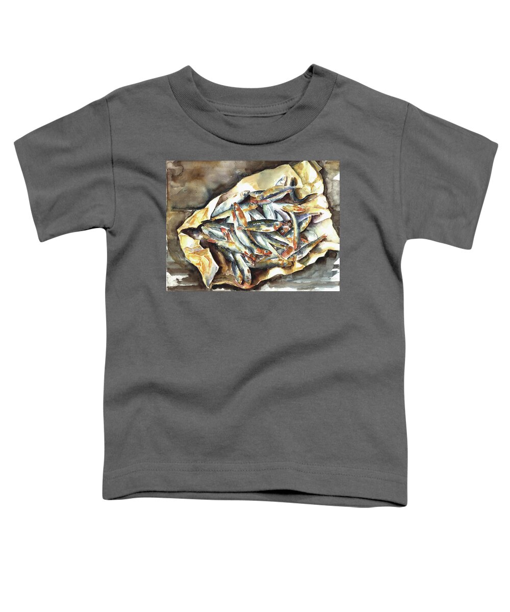 Fischen Toddler T-Shirt featuring the painting Kiel Sprats To Go by Barbara Pommerenke