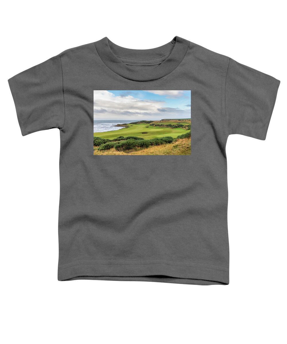 Kingsbarns Golf Links Toddler T-Shirt featuring the photograph Kingsbarns Golf Links holes 12 and 13 by Mike Centioli