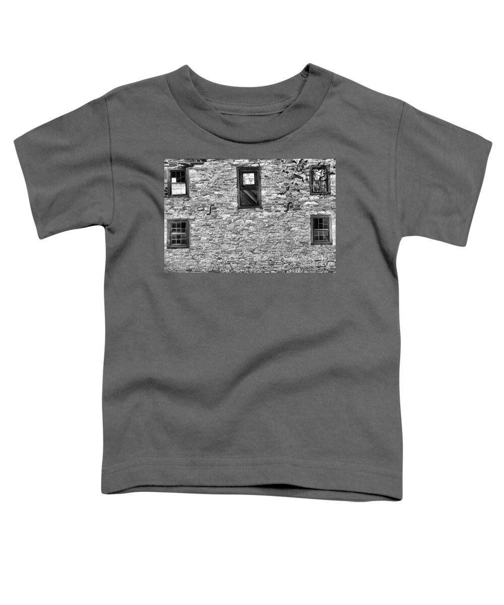 Mill Toddler T-Shirt featuring the photograph Lancaster Mill Windows Black And White by Adam Jewell