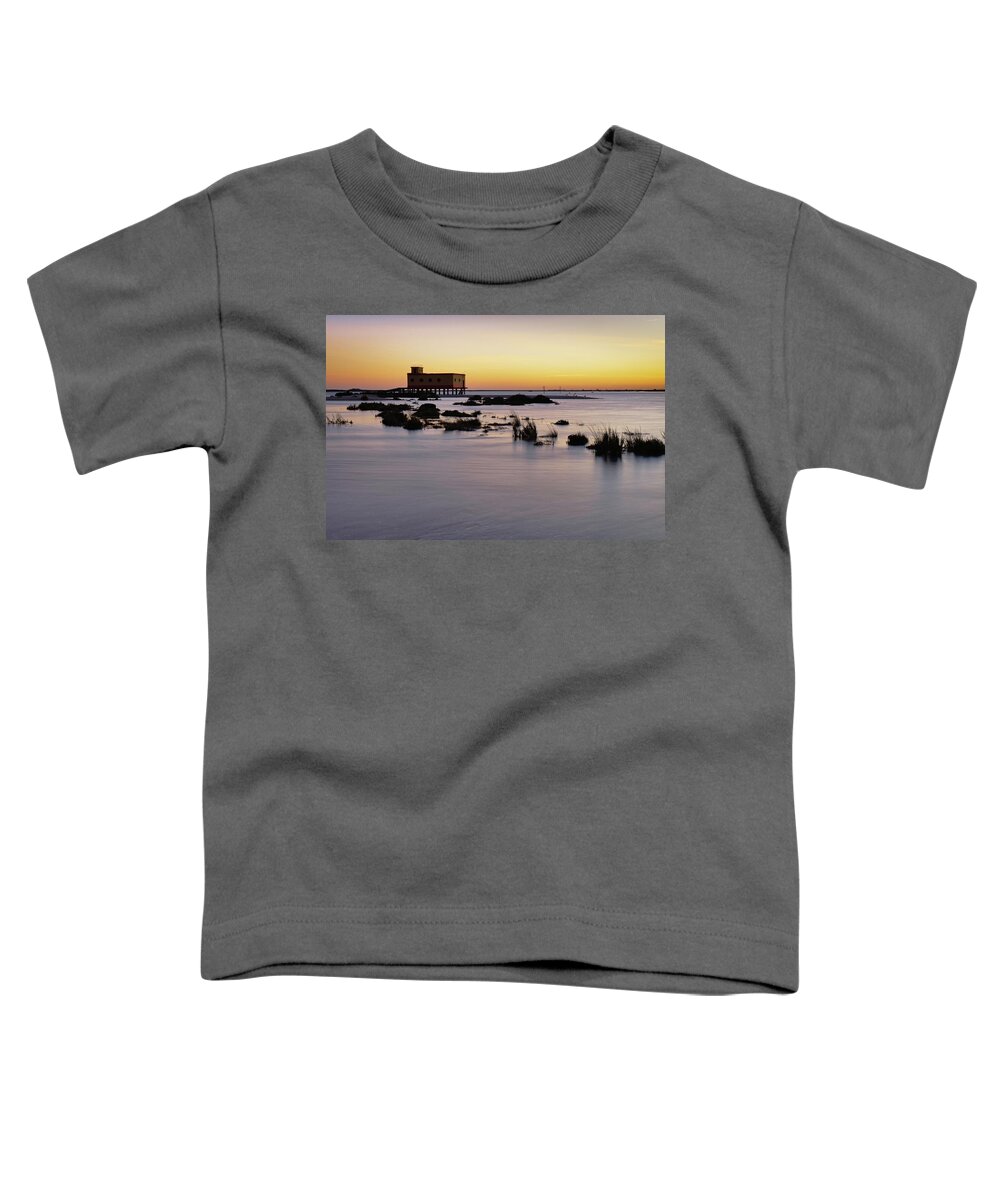 Algarve Toddler T-Shirt featuring the photograph Lifesavers building at dusk in Fuzeta. Portugal by Angelo DeVal