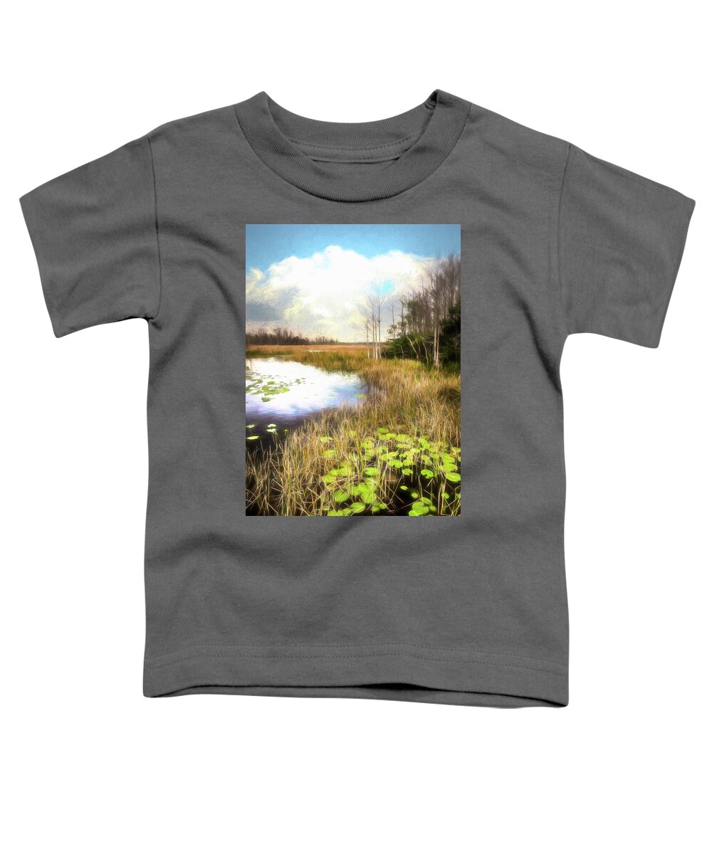 Clouds Toddler T-Shirt featuring the photograph Lily Pads Under the Clouds Painting by Debra and Dave Vanderlaan