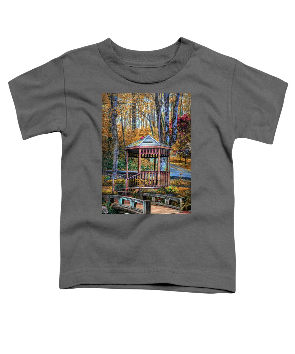 Barns Toddler T-Shirt featuring the photograph Little Bridge at the Fall Garden Gazebo by Debra and Dave Vanderlaan