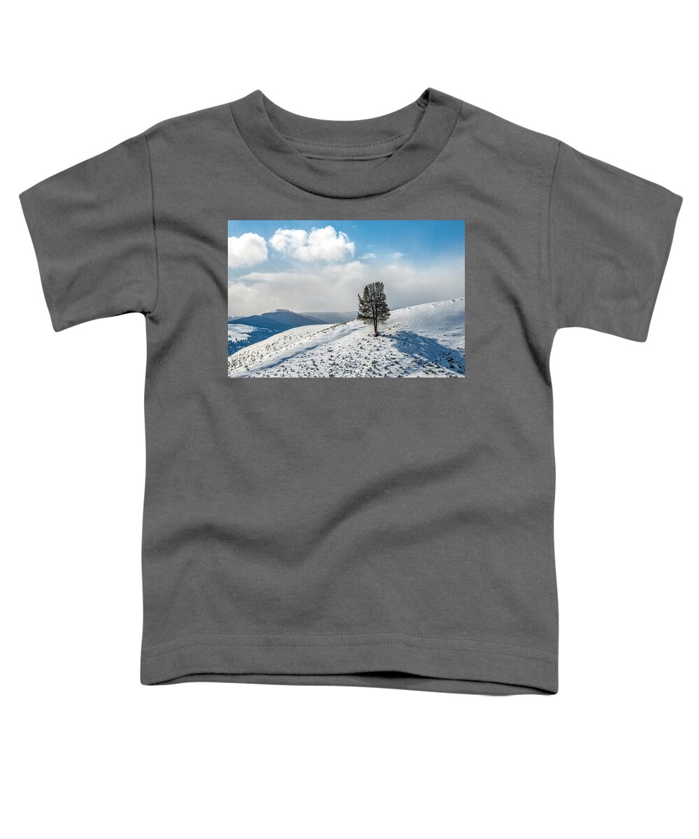 Wyoming Toddler T-Shirt featuring the photograph Lone Tree Landscape, Yellowstone Winter by Marcy Wielfaert