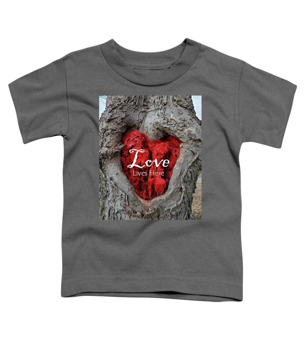 Love Toddler T-Shirt featuring the photograph LOVE LIVES HERE Red Heart In a Tree by Lynnie Lang