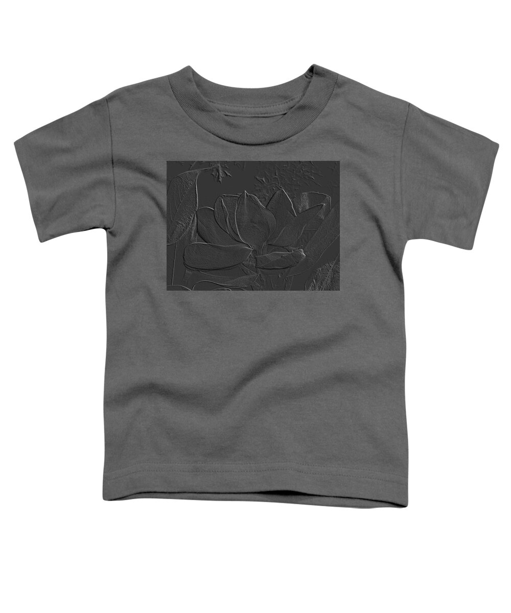 Flower Toddler T-Shirt featuring the photograph Magnolia Closeup Embossed Grayscale by Mike McBrayer