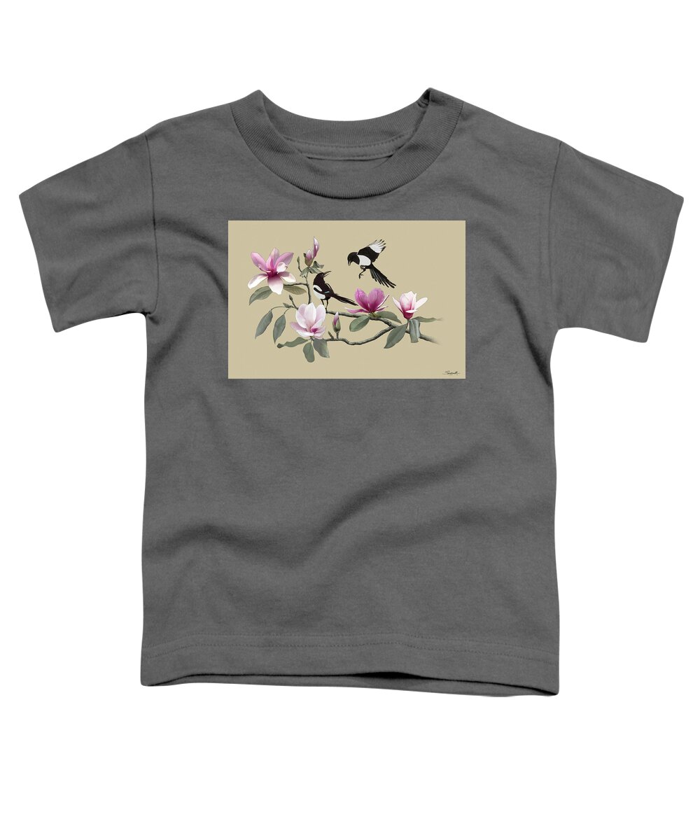 Birds Toddler T-Shirt featuring the digital art Magpies and Pink Magnolia by M Spadecaller