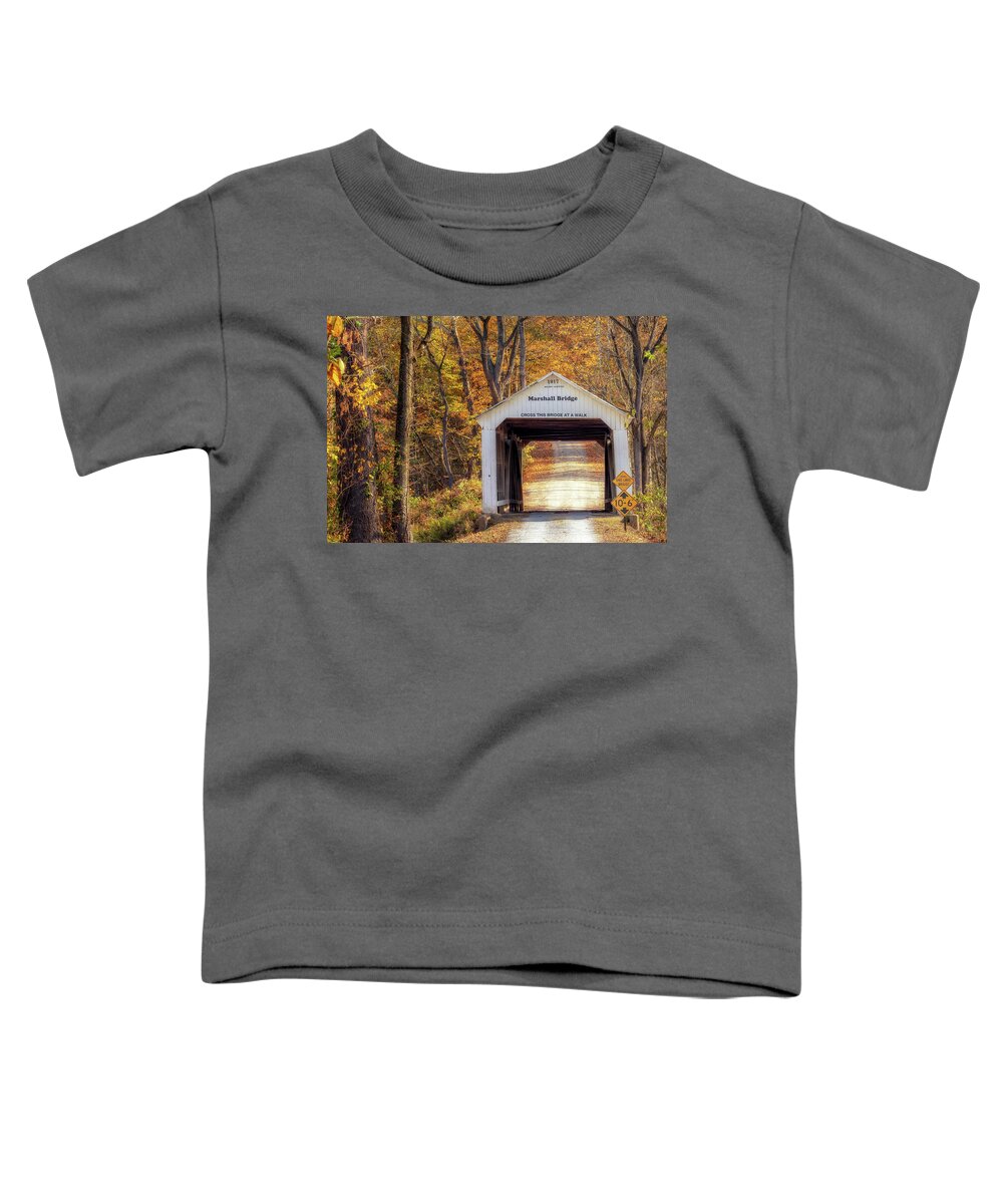 Parke County Toddler T-Shirt featuring the photograph Marshall Covered Bridge in Autumn by Susan Rissi Tregoning