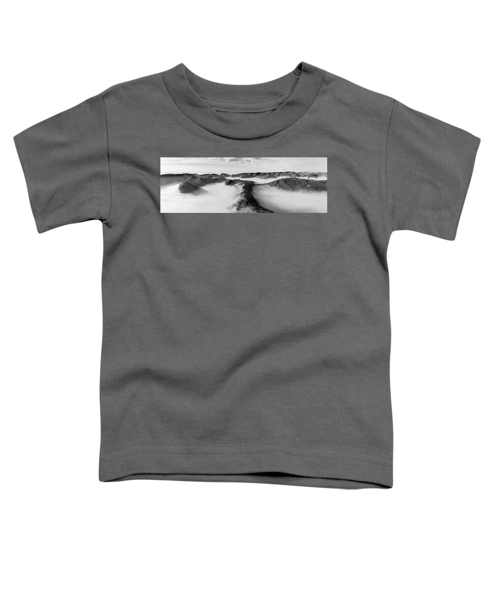 Panorama Toddler T-Shirt featuring the photograph Martindale Ullswater Cloud Inversion Aerial Lake district black and white by Sonny Ryse