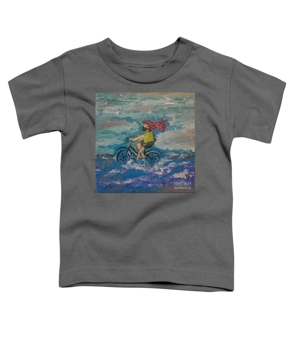  Toddler T-Shirt featuring the painting The Masked Woman on Bike in Ocean by Mark SanSouci