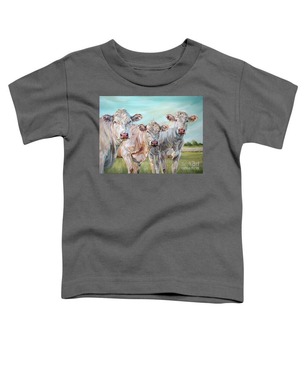 Cow Toddler T-Shirt featuring the painting Mavis in the Middle - 3 Cows Painting by Annie Troe