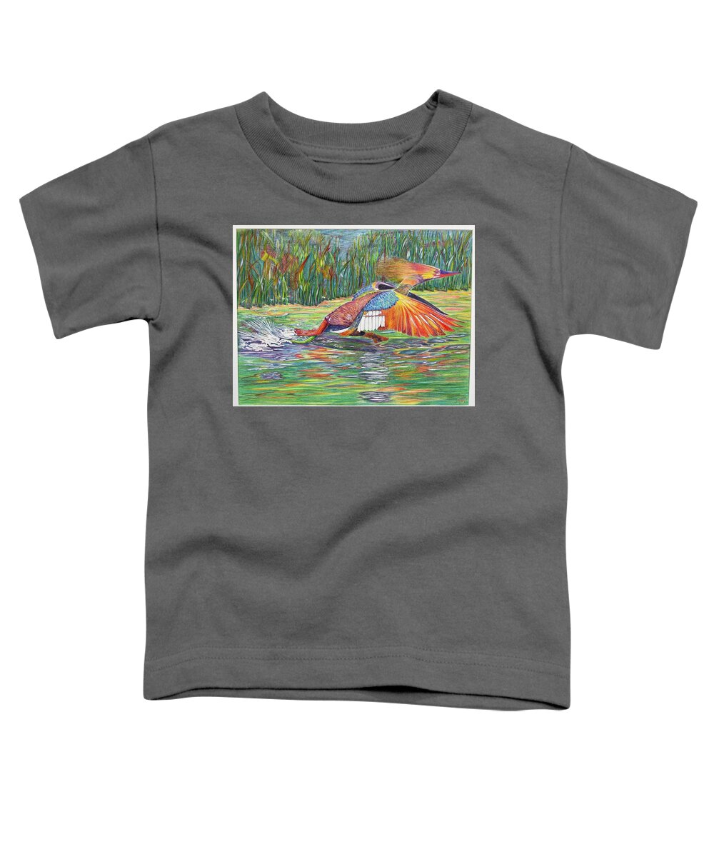Merganser Toddler T-Shirt featuring the photograph Merganser Landing by Dorsey Northrup