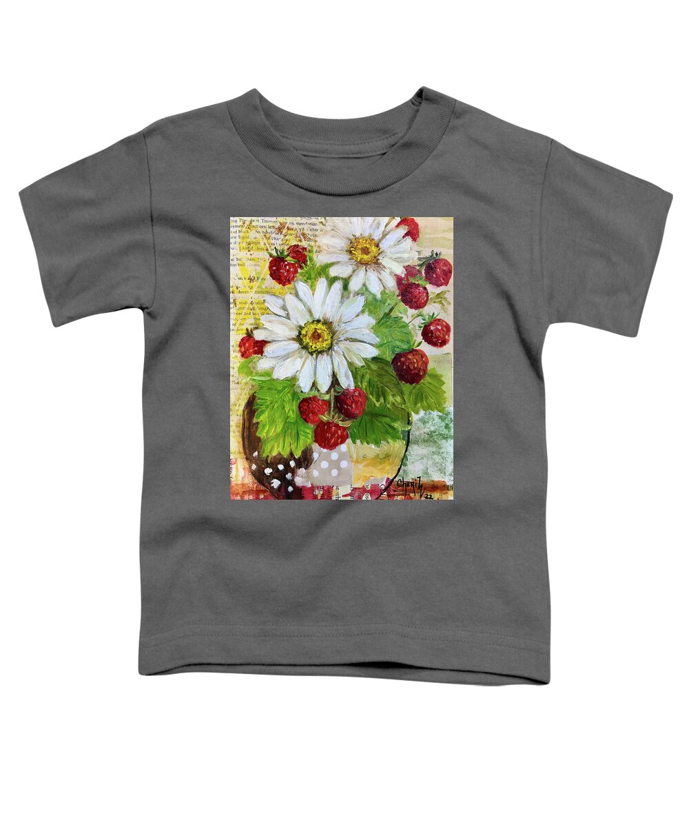 Strawberry Painting Toddler T-Shirt featuring the painting Mixed Media Daisies And Strawberries by Cheri Wollenberg