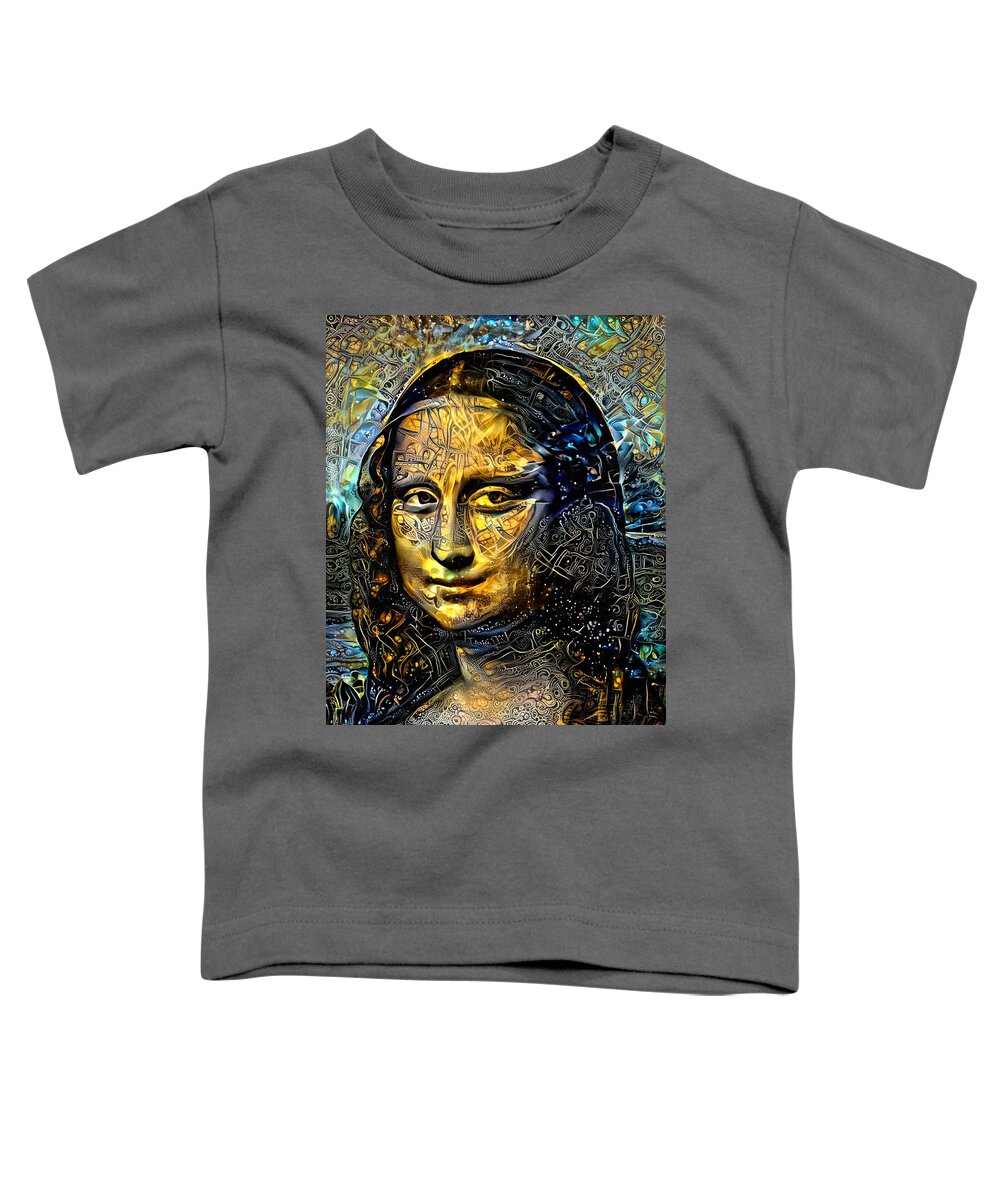 Mona Lisa Toddler T-Shirt featuring the digital art Mona Lisa by Leonardo da Vinci - golden night design by Nicko Prints
